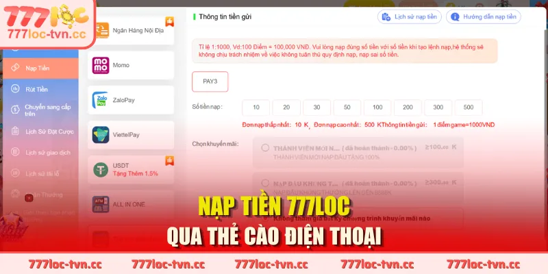 Nạp tiền 777LOC qua thẻ cào điện thoại